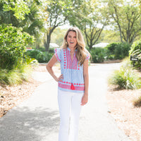 Blue & White Stripe Ruffle Front Top with Tassels