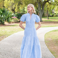Blue & White Stripe Short Sleeve Midi Dress