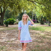 Blue & White Stripe V-Neck Puff Sleeve Dress