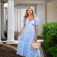 Blue & White Rose Printed Eyelet V-Neck Midi Dress