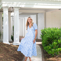 Blue & White Rose Printed Eyelet V-Neck Midi Dress
