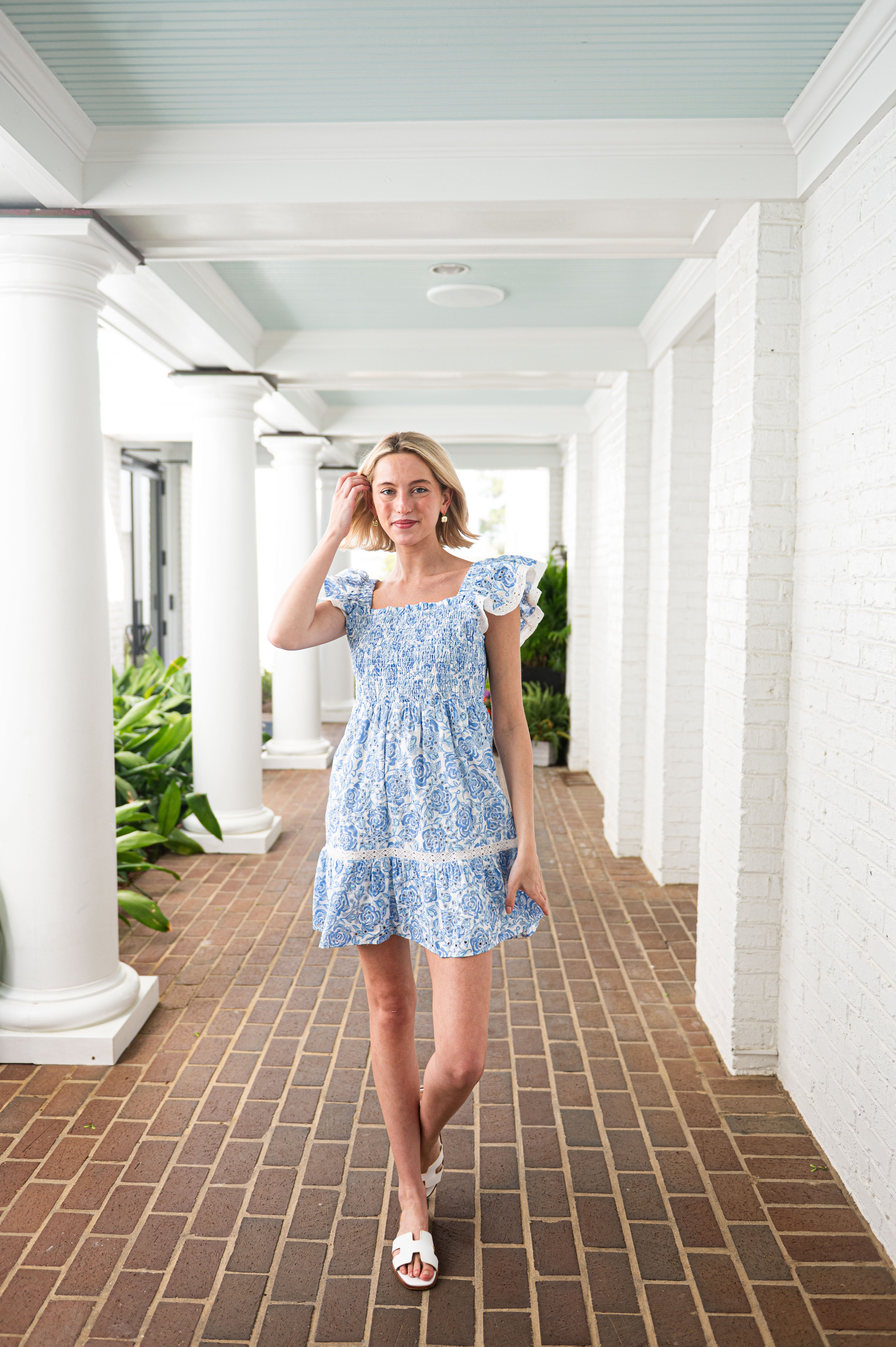 Sail to Sable Blue & White Floral Eyelet Flutter Sleeve Smocked Mini Dress WHITE/BLUE / XXS / SU25138 Sail to Sable Blue & White Floral Eyelet Flutter Sleeve Smocked Mini Dress WHITE/BLUE / XXS / SU25138