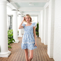 Blue & White Floral Eyelet Flutter Sleeve Smocked Mini Dress