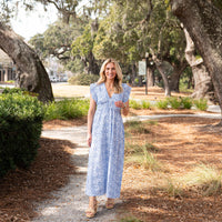 Blue Medallion V-Neck Flutter Sleeve Maxi Dress
