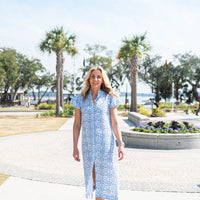 Blue Medallion Puff Sleeve Button Front Midi Dress