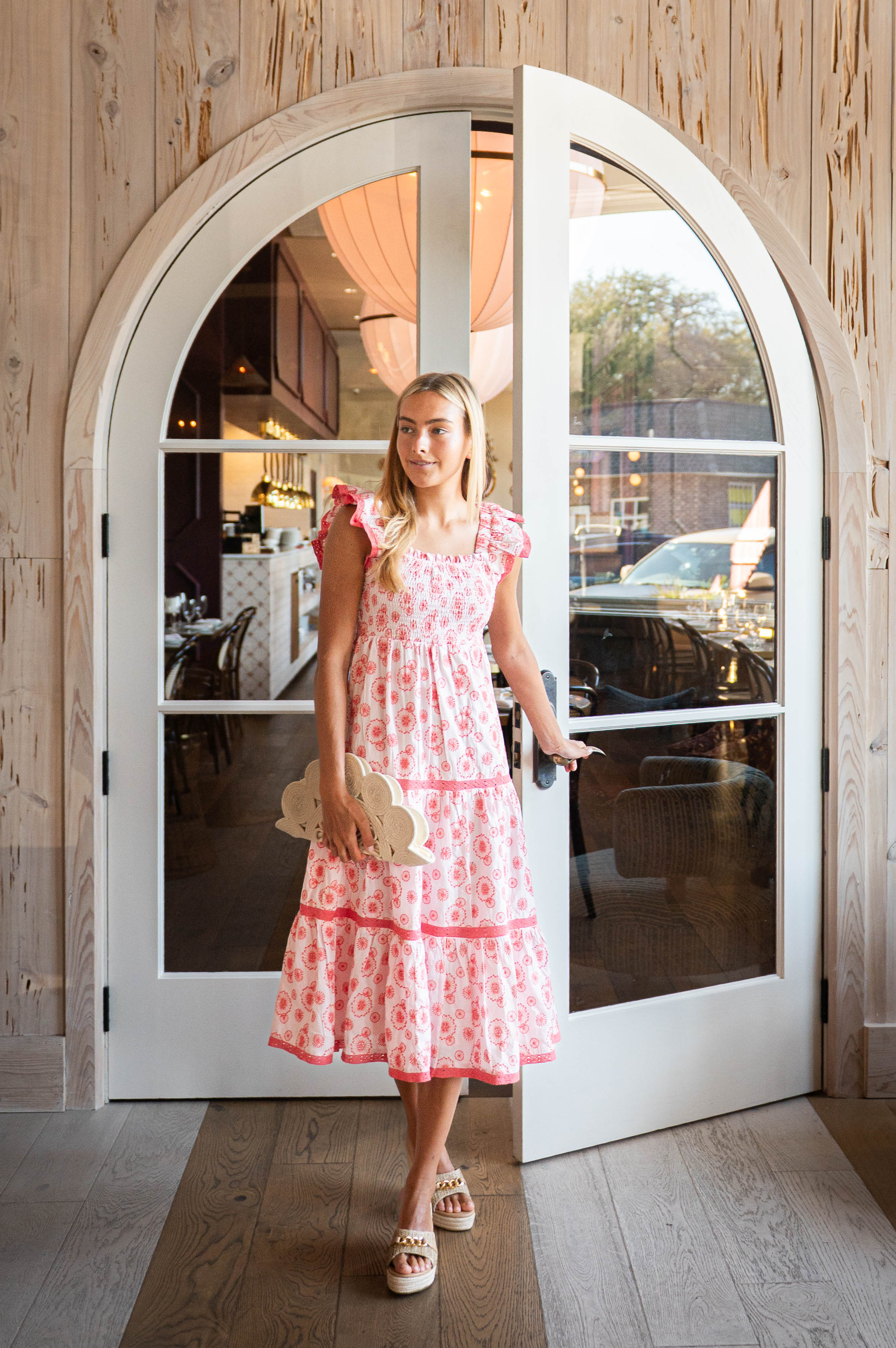 the drop women's kimi ruffled shoulder smocked midi dress Blush & Coral Eyelet Flutter Sleeve Smocked Midi Dress – Sail to Sable
