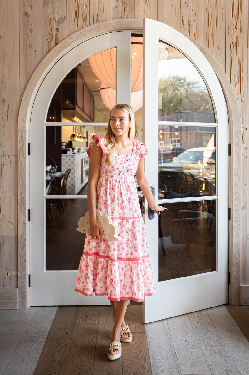 Blush & Coral Eyelet Flutter Sleeve Smocked Midi Dress  Sail to Sable