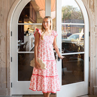 Blush & Coral Eyelet Flutter Sleeve Smocked Midi Dress