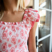 Blush & Coral Eyelet Flutter Sleeve Smocked Midi Dress