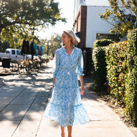 Watercolor Toile Long Sleeve Smocked Waist Midi Dress