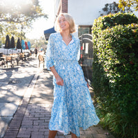 Watercolor Toile Long Sleeve Smocked Waist Midi Dress