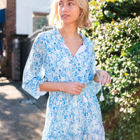 Watercolor Toile Long Sleeve Smocked Waist Midi Dress