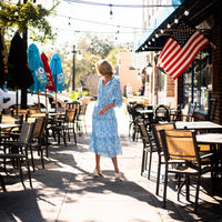 Watercolor Toile Long Sleeve Smocked Waist Midi Dress