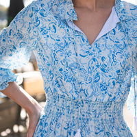 Watercolor Toile Long Sleeve Smocked Waist Midi Dress