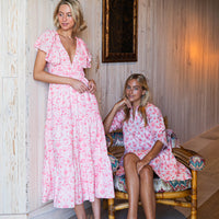 Pink Batik Print V-Neck Cinched Waist Midi Dress