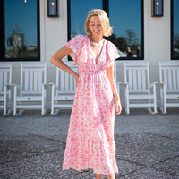 Pink Batik Print V-Neck Cinched Waist Midi Dress