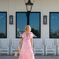 Pink Batik Print V-Neck Cinched Waist Midi Dress