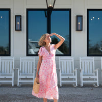 Pink Batik Print V-Neck Cinched Waist Midi Dress