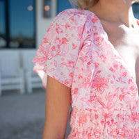 Pink Batik Print V-Neck Cinched Waist Midi Dress