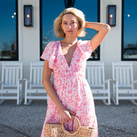 Pink Batik Print V-Neck Cinched Waist Midi Dress