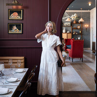 White Cinched Waist Midi Dress with Ric-Rac Inlay