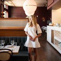 White V-Neck Puff Sleeve Dress with Ric-Rac Inlay