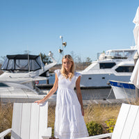 White V-Neck Smocked Midi Dress with Ric-Rac Inlay