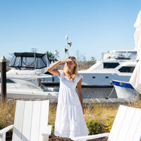 White V-Neck Smocked Midi Dress with Ric-Rac Inlay