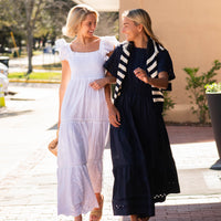 Navy Cinched Waist Midi Dress with Ric-Rac Inlay