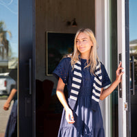 Navy Cinched Waist Midi Dress with Ric-Rac Inlay