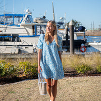 Watercolor Toile V-Neck Puff Sleeve Dress