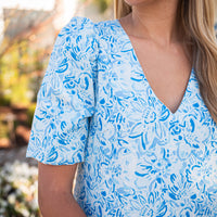 Watercolor Toile V-Neck Puff Sleeve Dress