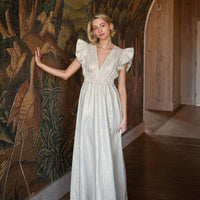 Gold V-Neck Flutter Sleeve Maxi Dress