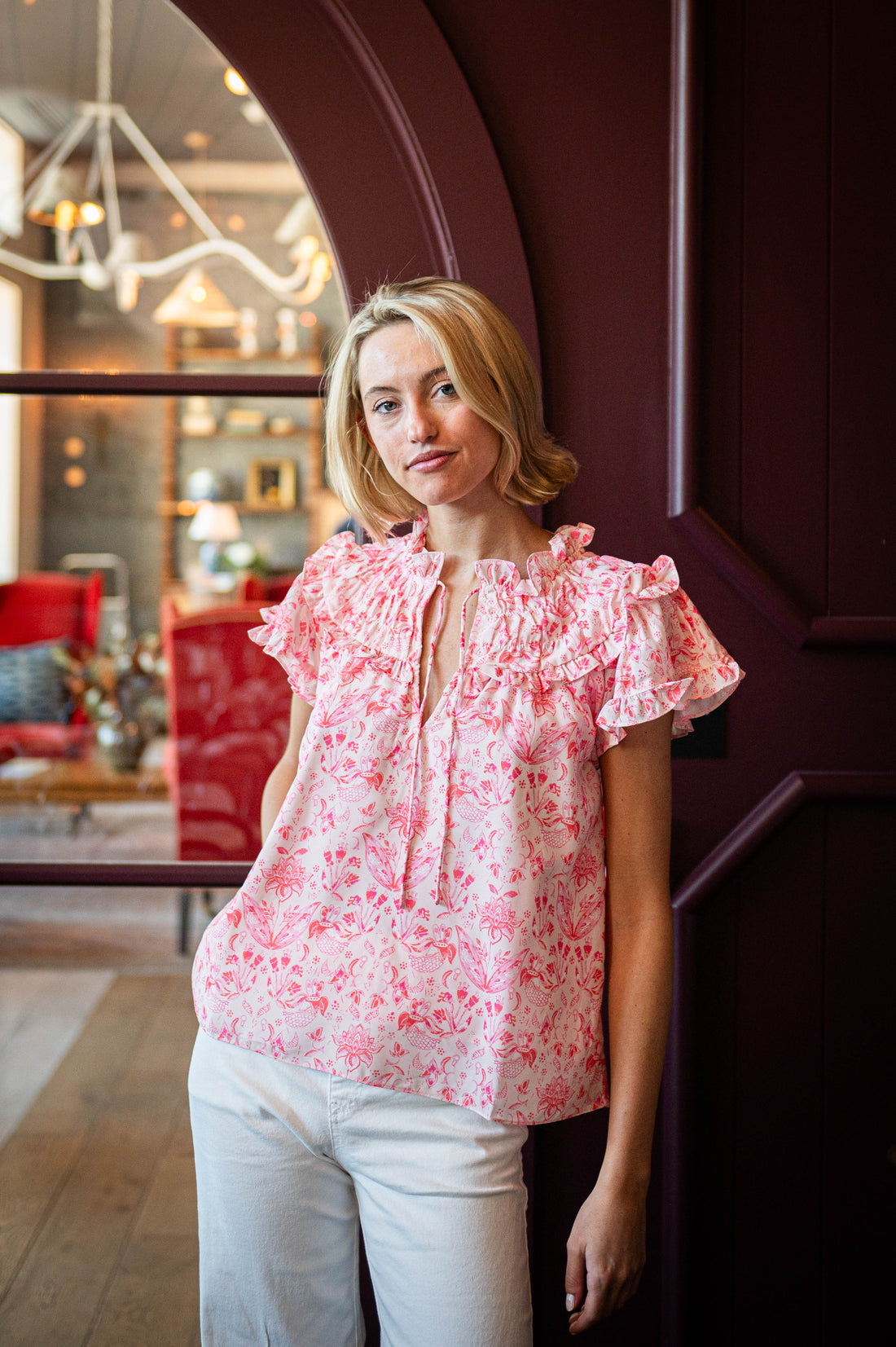 Pink Batik Flutter Sleeve Tie Front Top