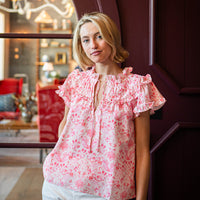 Pink Batik Flutter Sleeve Tie Front Top