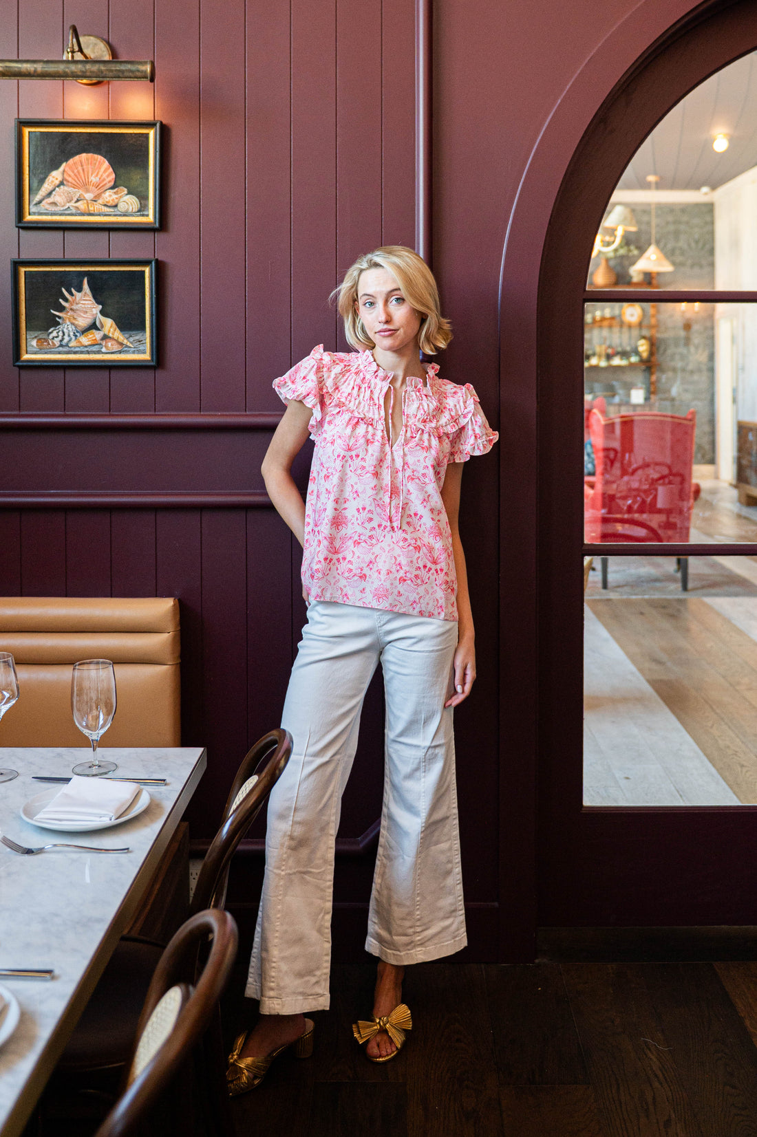 Pink Batik Flutter Sleeve Tie Front Top