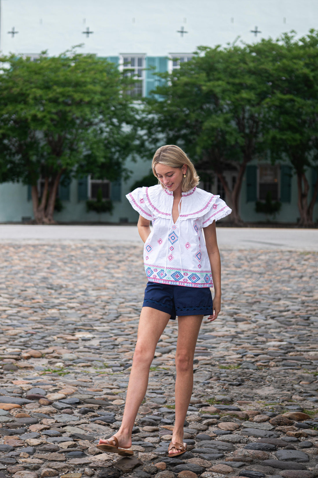 Pink Embroidered Flutter Sleeve Top