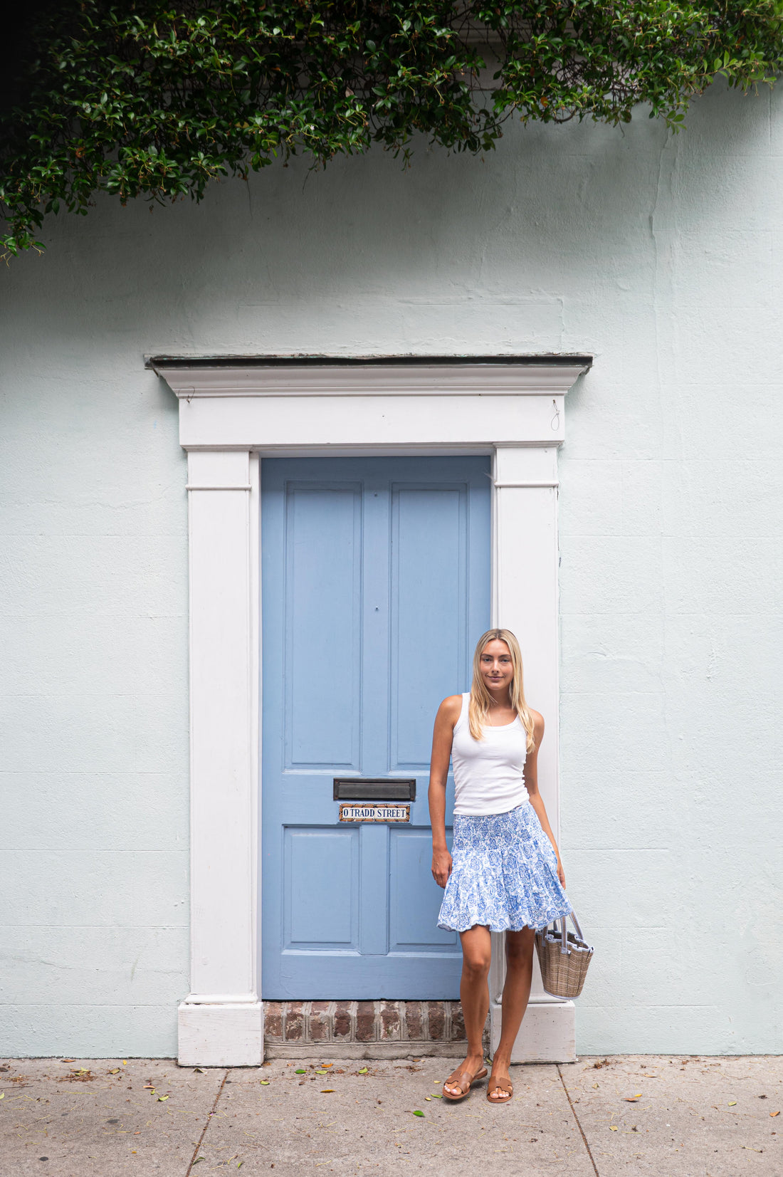 Blue & White Rose Printed Eyelet Smocked Waist Mini Skirt