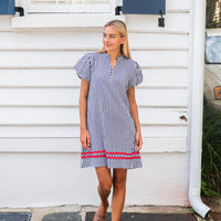 Navy & White Stripe Puff Sleeve Button Front Mini Dress