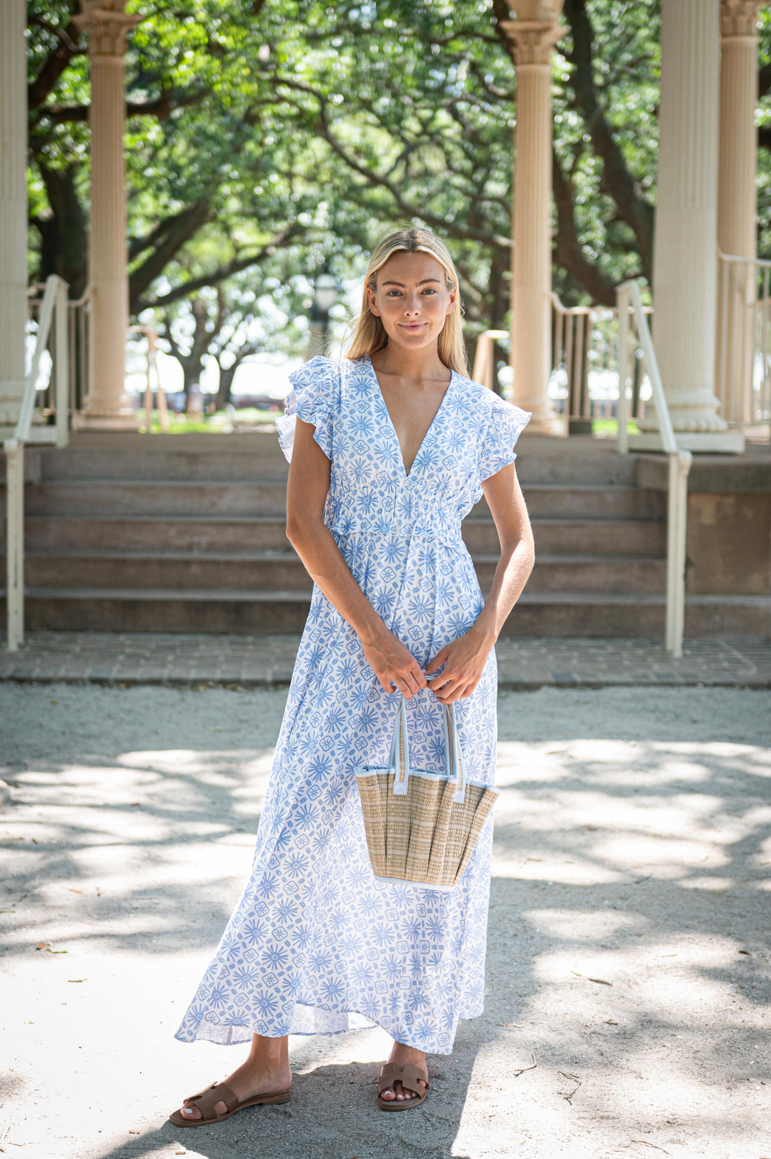 Sunburst Print V-Neck Flutter Sleeve Maxi Dress