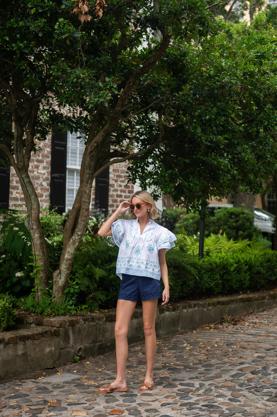 Blue Embroidered Flutter Sleeve Top