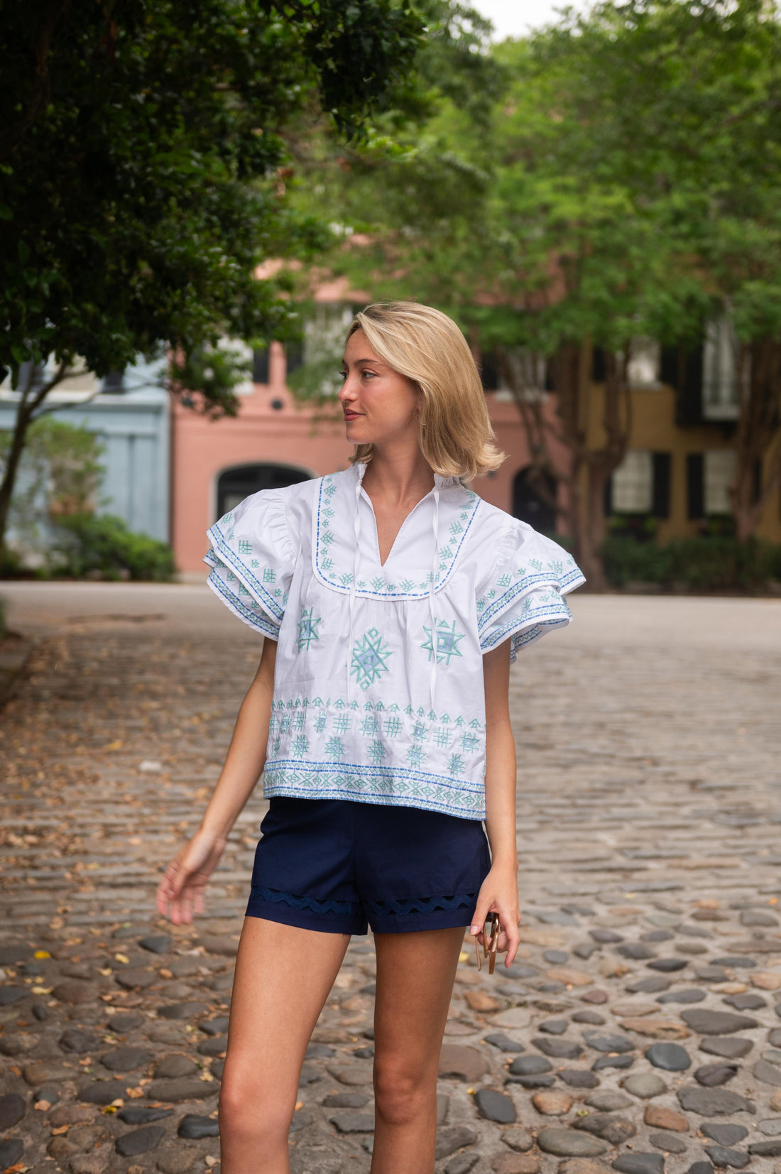 Blue Embroidered Flutter Sleeve Top