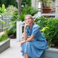Chambray Puff Sleeve Smocked Midi Dress