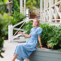 Chambray Puff Sleeve Smocked Midi Dress
