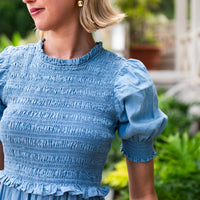 Chambray Puff Sleeve Smocked Midi Dress