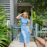 Chambray Puff Sleeve Smocked Midi Dress