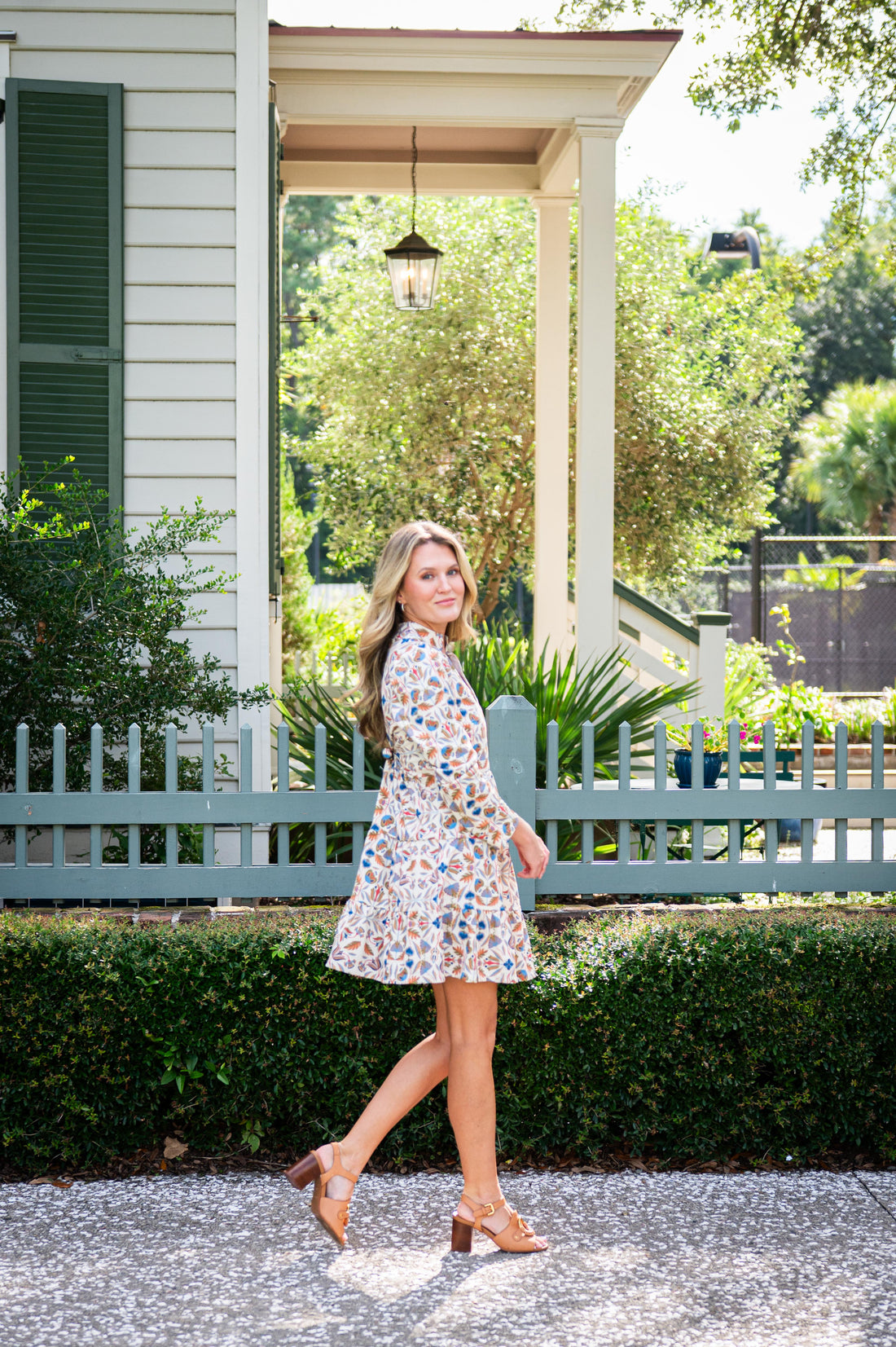 Geo Floral Print Long Sleeve Tunic Flare Dress