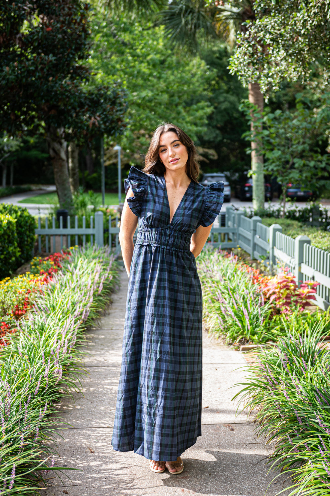 Blackwatch Tartan V-Neck Flutter Sleeve Maxi