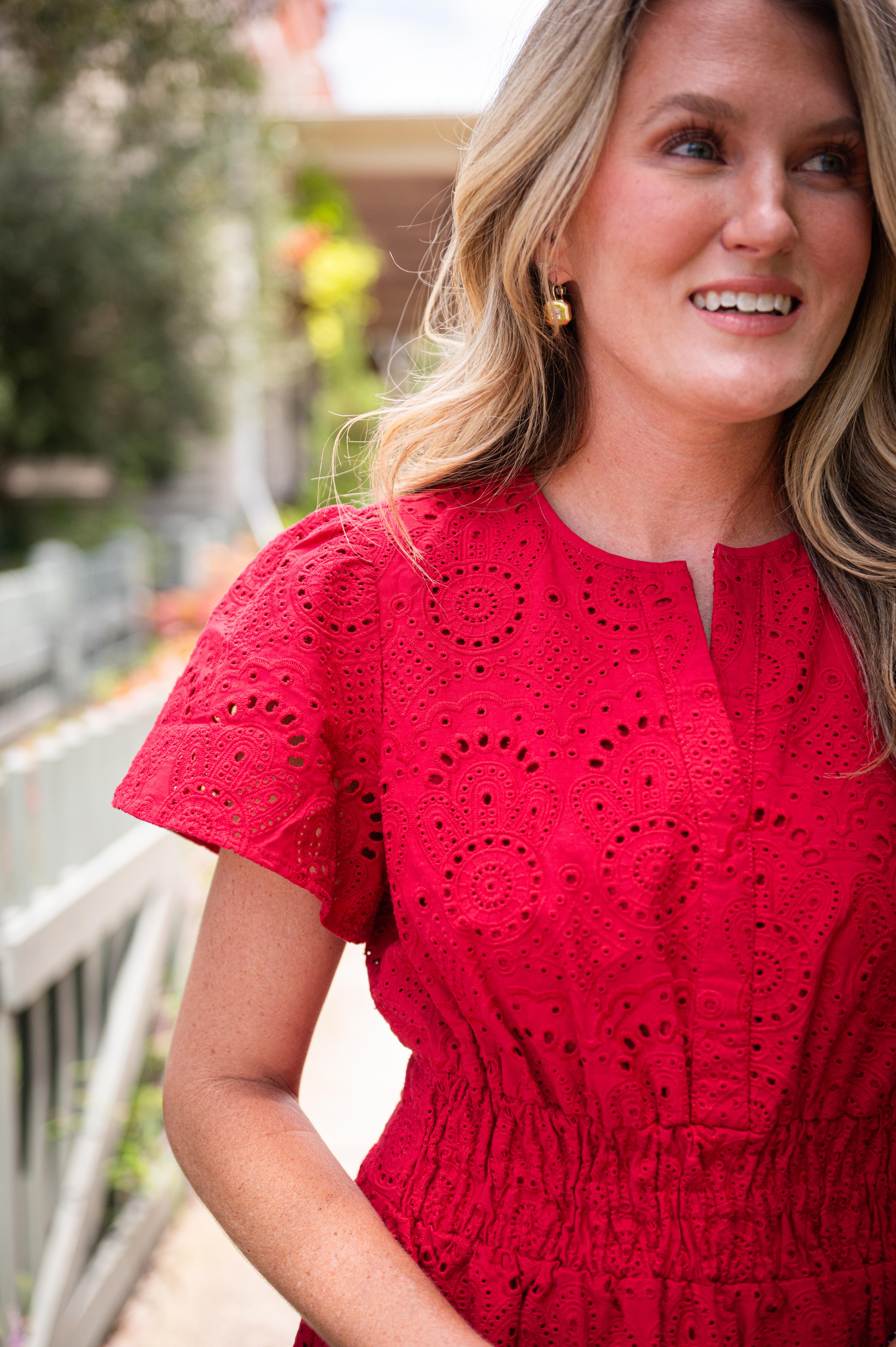 Sail to Sable Red Eyelet Cinched Waist Midi Dress Chili Pepper / XL / F25305