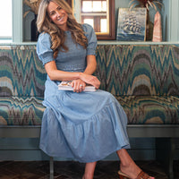Chambray Puff Sleeve Smocked Midi Dress